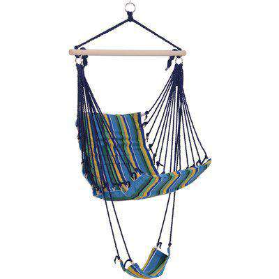 Outsunny Outdoor Hammock Hanging Rope Garden Yard Patio Swing Chair Seat Woodenwith Footrest Cotton Cloth Blue Stripe