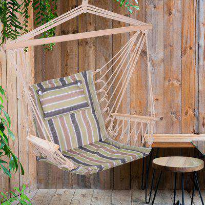 Outsunny Garden Outdoor Hanging Hammock Chair Thick Rope Frame Wooden Arms Safe Wide Seat Garden Outdoor Spot Stylish Multicoloured stripes