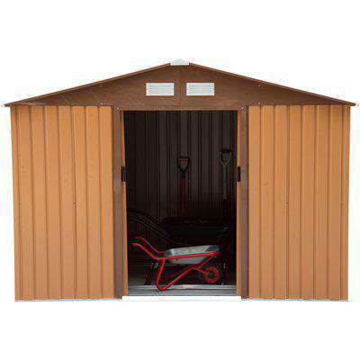 Outsunny Lockable Garden Shed Large Patio Tool Metal Storage Building Foundation Sheds Box Outdoor Furniture (9ft x 6ft, Khaki)