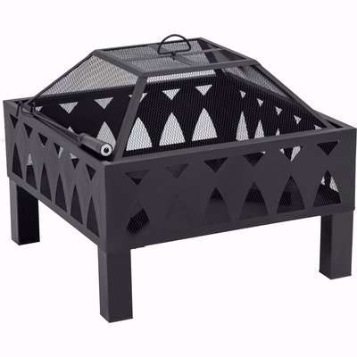 Outsunny Outdoor Fire Pit with Screen Cover, Wood Burner, Log Burning Bowl with Poker for Patio, Backyard, Black