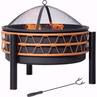 Outsunny Outdoor Fire Pit, Metal Round Firepit Bowl, Charcoal Log Wood Burner with Screen Cover, Poker for Patio, BBQ, Camping, 64 x 64 x 58cm, Black