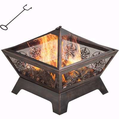 Outsunny Outdoor Fire Pit, Metal Square Firepit Bowl with Spark Screen, Poker for Patio, BBQ, Camping, 61 x 61 x 52cm, Black