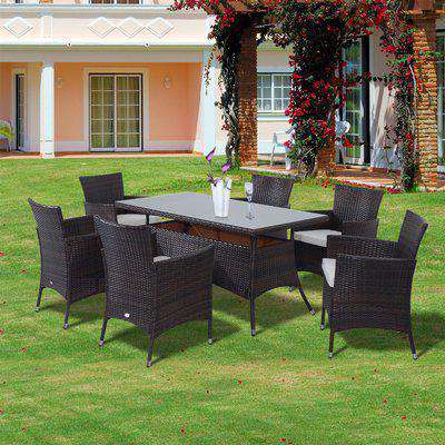 Outsunny 6-Seater Rattan Garden Furniture Dining Set 6-seater Patio Rectangular Table Cube Chairs Outdoor Fire Retardant Sponge Brown