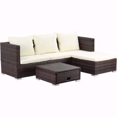 Outsunny 3PC Rattan Garden Furniture Storage Sofa Set 4 Seater Wicker Coffee Table Conservatory Sun Lounger Outdoor Weave with Cushion Brown