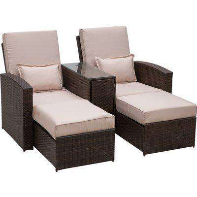 Outsunny Outdoor Garden Rattan Companion Sofa Chair & Stool Lounger Recliner Love Sunbed Daybed Patio Wicker Weave Furniture Set Assembled Brown