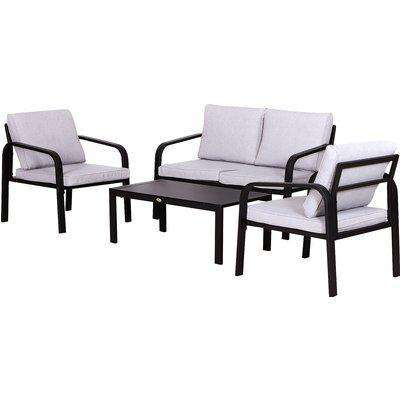 Outsunny 4 Pcs Aluminium Frame Garden Dining Set w/ 2 Chairs Sofa Glass Top Table Foam Cushions Sleek Contemporary Tough Durable Grey Black