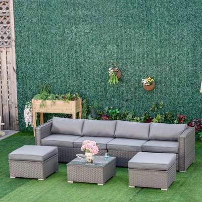 Outsunny 6-Seater PE Rattan Wicker Corner Sofa Set Outdoor Conservatory Furniture Lawn Patio Tea Table Footstool w/ Cushion - Grey