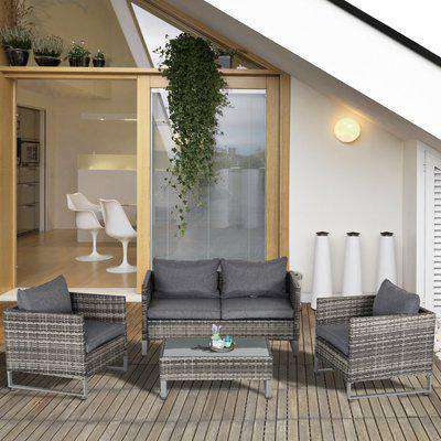 Outsunny 4-Seater Rattan Garden Furniture Dining Set w/ Sofa Chairs Glass Top Table Cushions Patio Garden Conservatory