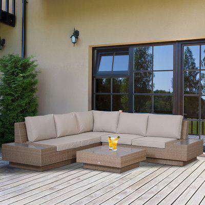 Outsunny 4 PCs Rattan Garden Furniture Outdoor Sectional Corner Sofa and Coffee Table Set  Conservatory Wicker Weave with Armrest Cushions Beige