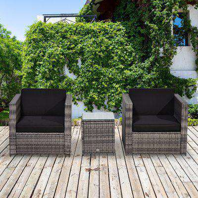 Outsunny 3 pcs PE Rattan Wicker Garden Furniture Patio Bistro Set Weave Conservatory Sofa Table and Chairs Set Black