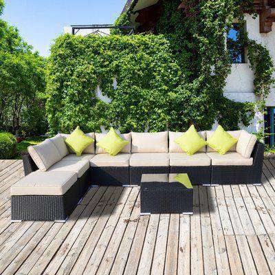 Outsunny 4-Seater Rattan Corner Sofa Set Wicker 4 Seater Garden Storage Coffee Table Conservatory Ottoman Outdoor Weave Furniture w/ Cushion Black