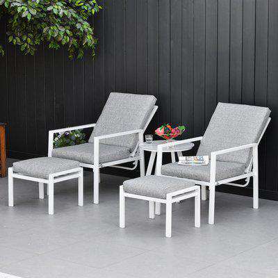 Outsunny 5-Piece Garden Reclining Chair Set Patio Furniture Set with Ottomans Coffee Table Cushions, 3-Position Adjustable Backrest, Aluminium Frame