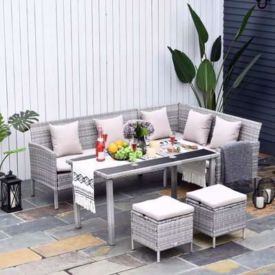 Outsunny 5 Piece Modern Outdoor Patio Rattan Wicker Furniture Patio Dining Table Stool Chaise Lounge Set