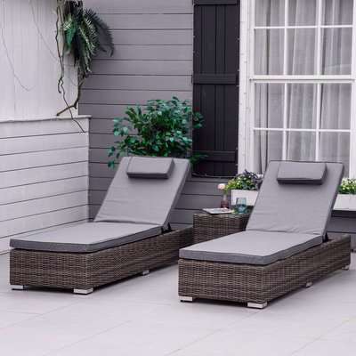 Outsunny 3 Pieces Patio PE Rattan Wicker Lounge Set, Adjustable Outdoor Half-Round Wicker Recliner Bed w/ Side Table Set, Headrest & Cushions, Grey