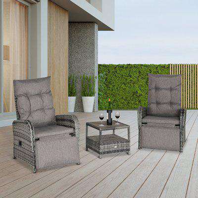 Outsunny 3 Pieces Patio Rattan Wicker Chaise Lounge Sofa Set Bistro Conversation Furniture with Cushion for Patio Yard Porch Mixed Grey