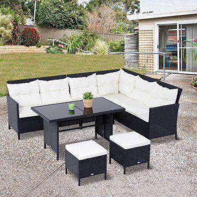 Outsunny 8-Seater Garden Rattan Furniture Rattan Corner Dining Set Outdoor Wicker Conservatory Furniture Lawn Patio Coffee Table Foot Stool, Black