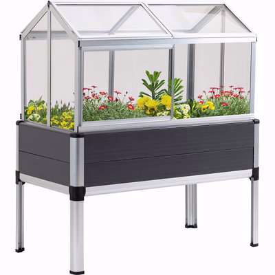 Outsunny Elevated Planter Box Raised Garden Bed with PC Greenhouse Cover and Aluminium Cold Frame, Outdoor Vegetable Flower Container, Grey