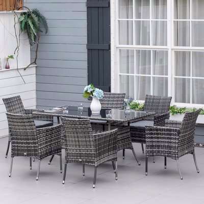 Outsunny Rattan Garden Furniture Dining Set 6-seater Patio Rectangular Table Cube Chairs Outdoor Fire Retardant Sponge Grey