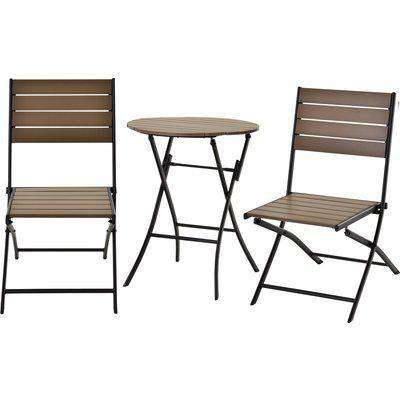 Outsunny 3 Pcs Folding Bistro Dining Set 2 Single Chair 1 Dining Table Metal Frame Plastic Panel Slatted Compact Garden Outdoor Furniture, Black&Brown