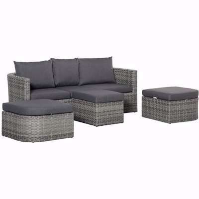 Outsunny Three Pieces Outdoor PE Rattan Sofa Set, Patio Wicker Conversation Double Chaise Lounge Furniture Set w/ Side Table, Large Daybed, Mixed Grey