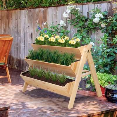 Outsunny 3 Tier Wooden Garden Flower Stand Vertical Plant Bed Storage with Clapboard and Hooks, 120 x 68 x 80cm