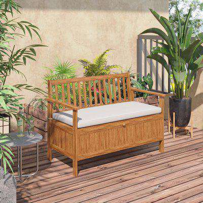 Outsunny Wood Garden Bench 2 Seater Storage Chest Patio Seating with Padded Seat Cushion