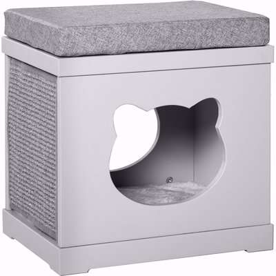 PawHut Cat House Bed Kitten Cave Cube Indoor for Small Pet with Removable Sisal Scratching Pads Soft Cushions, 41x30x36 cm, Grey