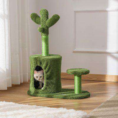 PawHut Cat Tree Tower Cactus Shape with Scratching Post Condo Perch Dangling Ball Kitten Toy Play House Activity Center