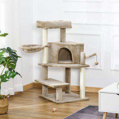 PawHut Cat Tree Tower 100cm Climbing Kitten Activity Center with Sisal Scratching Post Perch Roomy Condo Hammock Bed Hanging Toy, Brown