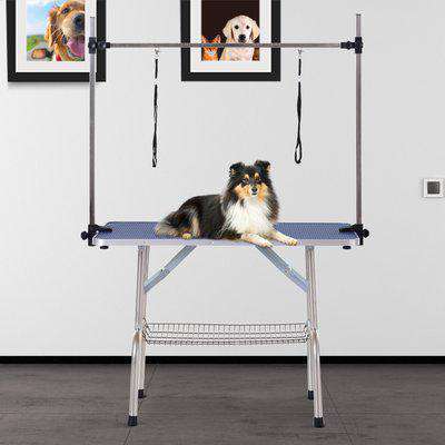 PawHut Adjustable Dog Grooming Table Rubber Top 2 Safety Slings Mesh Storage Basket Heavy Metal Blue 107 x 60 x 170cm
