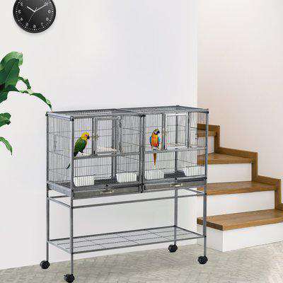 PawHut Double Rolling Metal Bird Cage Parrot Cage with Removable Metal Tray, Storage Shelf, Wood Perch, and Food Container