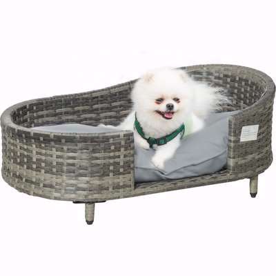 PawHut Elevated Wicker Dog Sofa, Rattan Cat Bed Hand Woven with Soft Cushion, Washable Cover, for Small & Medium Dog, 75 x 42 x 29 cm, Grey