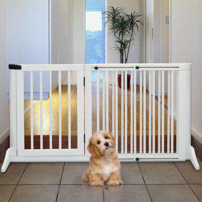 PawHut Pet Gate Freestanding Length Adjustable Wooden Indoor Dog Barrier Fence Safety Gate with Lockable Door 3 Panels White