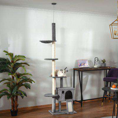 PawHut 280cm Huge Cat Tree Activity Center Floor-to-Ceiling Cat Climbing Toy with Scratching Post Board Hammock Hanging Ball Rest Light Grey