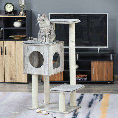 PawHut Multi-Level Cat Tree Tower Activity Center Climbing Stand Kitten House Furniture with Scratching Posts Condo Perch Plush Cushion Grey