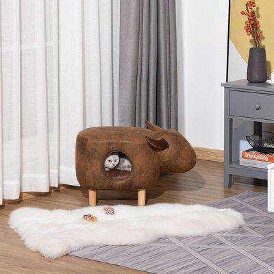 PawHut Pet House Footstools Animal Shape Ottoman Cat Condo Cave Indoor with Sleeping Cushion, Brown