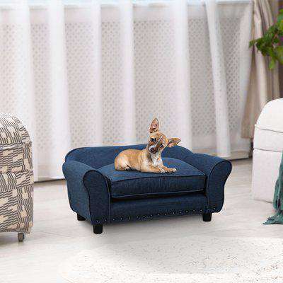 PawHut Stylish Linen Pet Sofa w/ Wood Frame Metal Studding Removable Cushion 4 Legs Dog Cat Bed Seat Padded Home Furniture Dark Blue