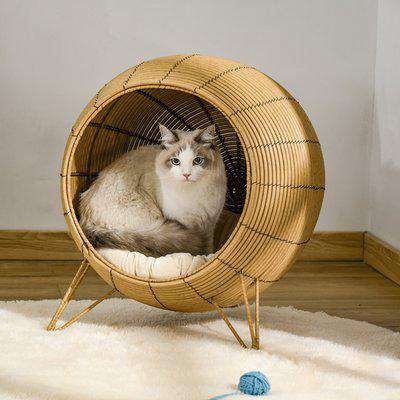 PawHut Wicker Cat Bed Elevated Rattan Kitten Basket Pet Den. House Cozy Cave with Soft Cushion Φ52 x 58cm Light Brown