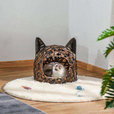 PawHut Wicker Cat Bed Rattan Kitten Basket Pet Den. House Cozy Cute-shaped Cave with Soft Cushion Brown
