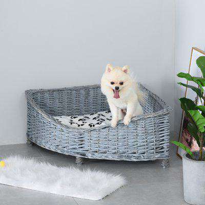 PawHut Wicker Dog Corner Basket Pet Bed Sofa Couch with Soft Plush Cushion Elevated Base Grey