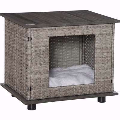 PawHut Wicker Dog House Rattan Pet Bed End Table Furniture with Soft Cushion Adjustable Feet for X-Small Dogs, Grey