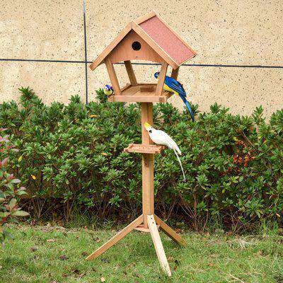 PawHut Wooden Bird Feeder Table Freestanding for Garden Backyard Outside Decorative Pre-cut Weather Resistant Roof 49 x 45 x 139 cm Natural