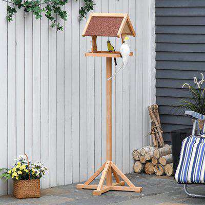 PawHut Wooden Bird Feeder Table Freestanding with Weather Resistant Roof Cross-shaped Support Feet for Outdoor Garden Backyard Pre-cut Natural