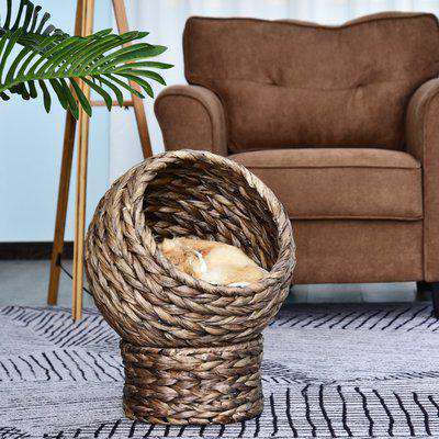 Pawhut Woven Banana Leaf Elevated Cat Bed House Basket Soft Cushion Dome Basket 42x33x52 cm Dark Brown (base) & Beige (cushion)