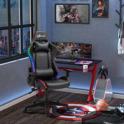 Vinsetto Gaming Chair with RGB LED Light, 2D Arm, Lumbar Support, Swivel Office Computer Recliner Racing Gamer Desk Chair for Home, Black