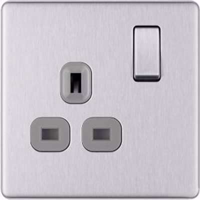 Colours Steel Single 13A Screwless Switched Socket With Grey Inserts