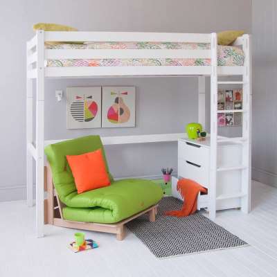Buddy Childrens Beech Highsleeper Loft Bed With Chest of Drawers and Futon Chair Bed