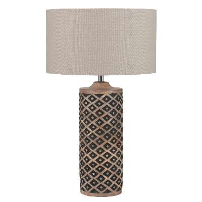 Tall Wooden Diamond Table Lamp, Natural Black and Taupe