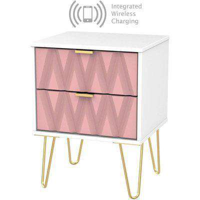 Diamond 2 Drawer Bedside Cabinet with Hairpin Legs and Integrated Wireless Charging - Kobe Pink and White