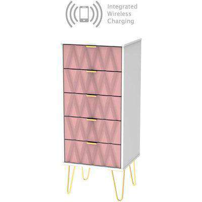Diamond Tall Bedside Cabinet with Hairpin Legs and Integrated Wireless Charging - Kobe Pink and White